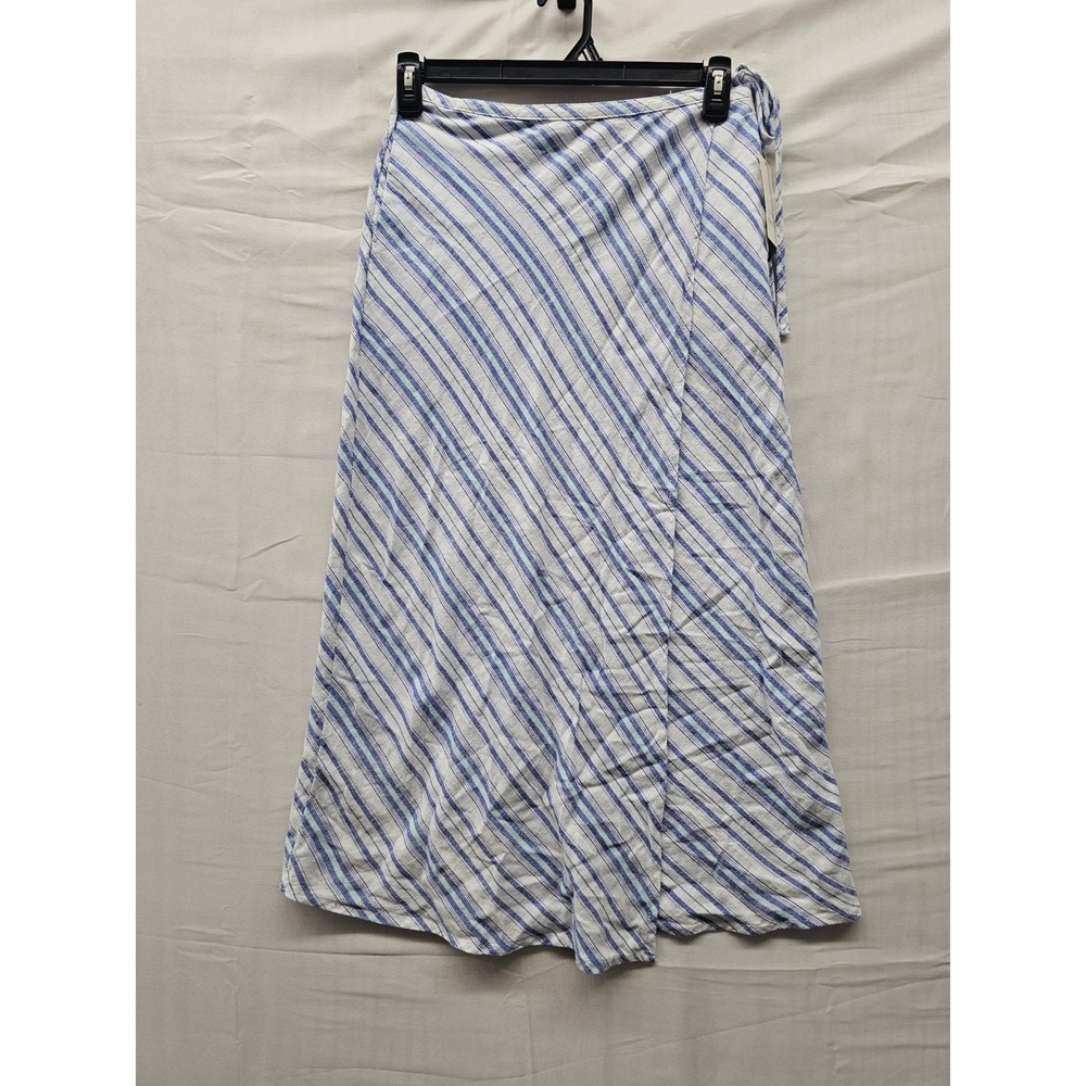 A New Day Womens Striped Wrap Midi Skirt Blue Linen Blend Casual Size Small
